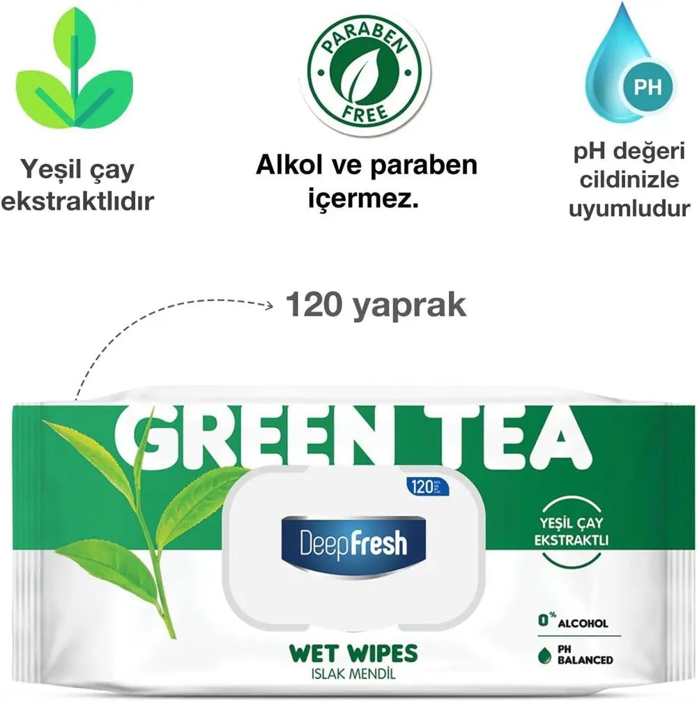 Deep Fresh Doğal Özler Yeşil Çay Islak Mendil Kapaklı 120 Yaprak