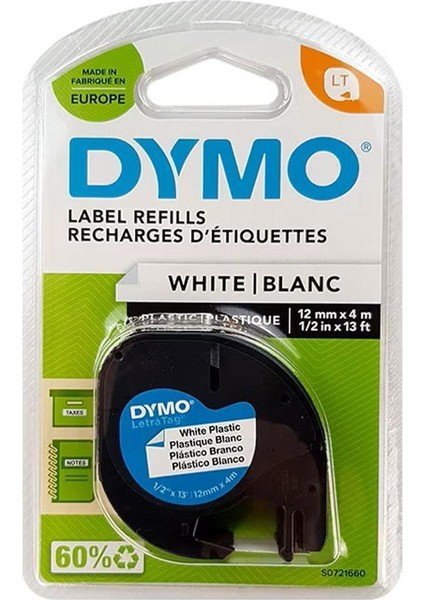 Dymo 91221 Letratag Plastik Etiket 12 mm x 4 m - Beyaz