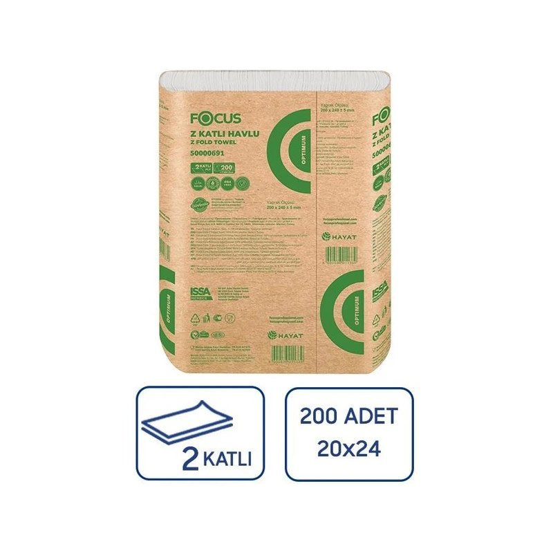 Focus Optimum Z Katlama Kağıt Havlu Çift Katlı 20 x 24 cm 200 Yaprak 12 Adet